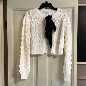 White Cable Knit Sweater with Black Bow